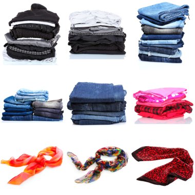 Collage of the piles of clothes. isolated on white clipart