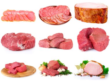 Fresh raw meat collection isolated on white clipart