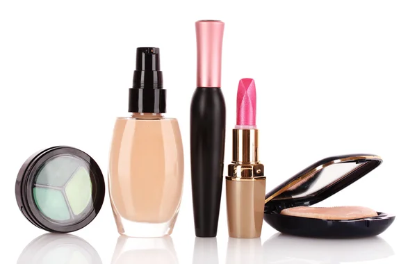 Foundation, mascara, face powder and lipstick — Stock Photo, Image