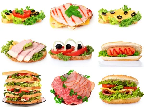 Colagem com sanduíches isoladas em branco isolado em isol branco — Fotografia de Stock