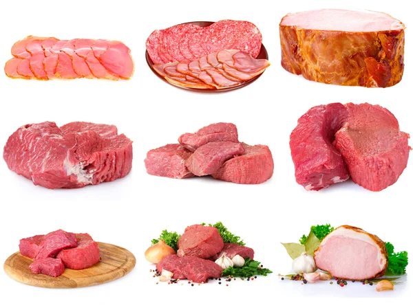 Coleção de carne crua fresca isolada em branco — Fotografia de Stock
