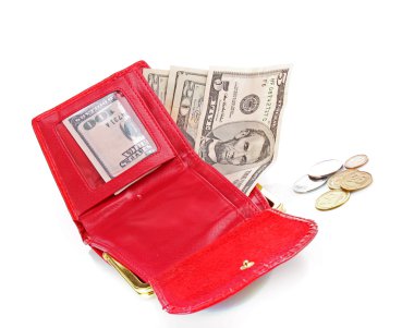 Kırmızı kadın cüzdan ve para