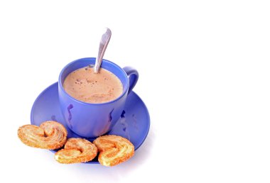 Cup of coffee with milk and cookies isolated over white backgro