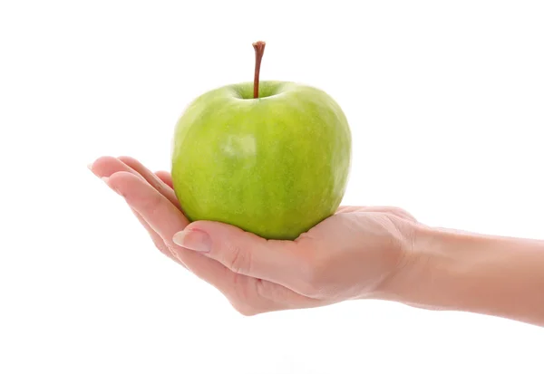 Manzana verde en mano aislada sobre blanco —  Fotos de Stock