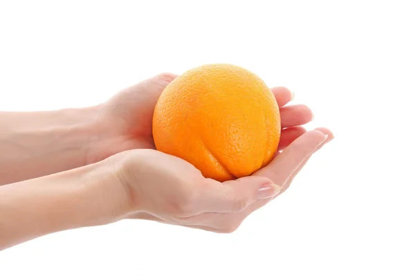 Frische Orange in den Händen isoliert auf weiß — Stockfoto
