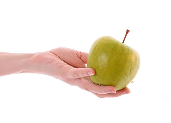 Groene appel in de hand geïsoleerd op wit — Stockfoto
