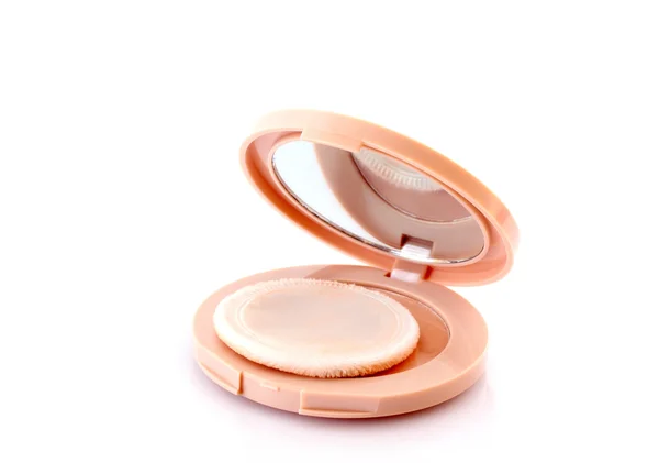 Face powder with mirror on white — Stock Photo, Image