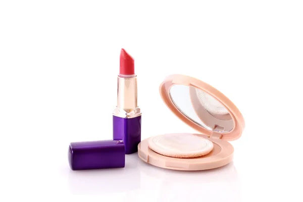 Face powder and lipstick on white — Stock Photo, Image