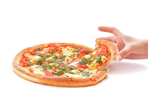 Tasty pizza and hand — Stock Photo, Image