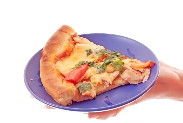 Νόστιμο πίτσα και το χέρι, σε λευκό — Φωτογραφία Αρχείου