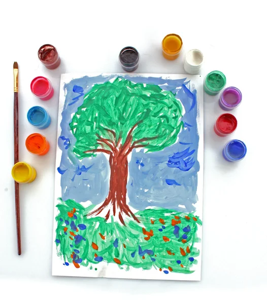 Geöffnete Farbeimer Farben und Zeichenbaum — Stockfoto