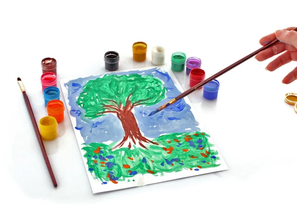 Opened paint buckets colors and drawing tree — Stock Photo, Image