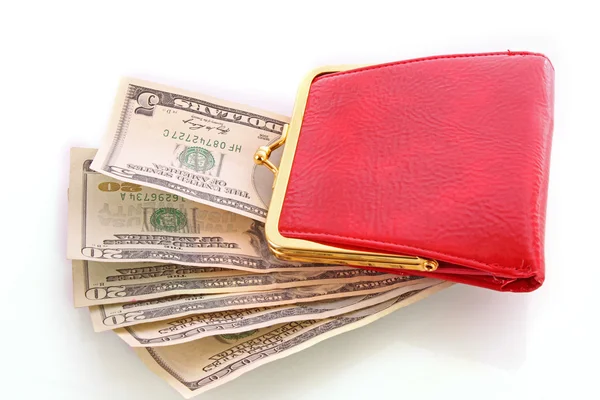 Kırmızı kadın cüzdan ve para — Stok fotoğraf