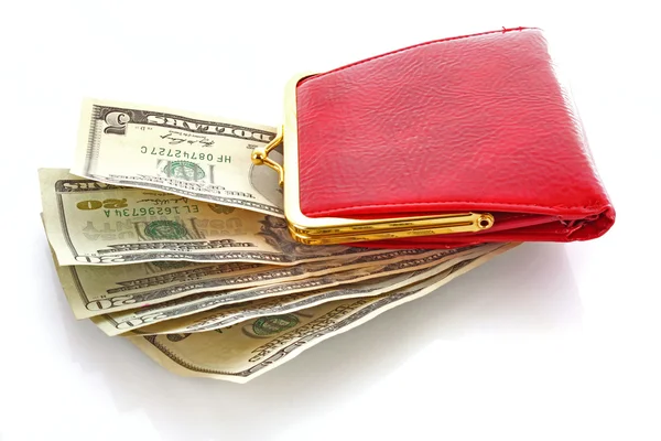Красная женщина бумажник и деньги — стоковое фото