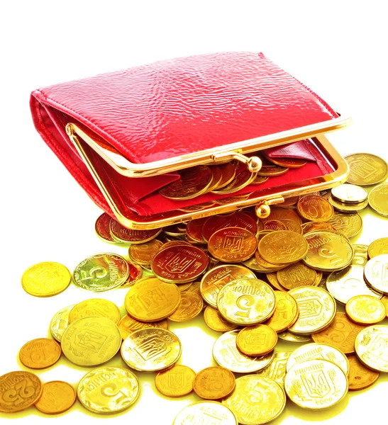Peněženka červená žena a mince — Stock fotografie