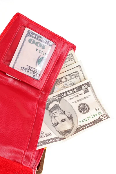 Carteira de mulher vermelha e dinheiro — Fotografia de Stock