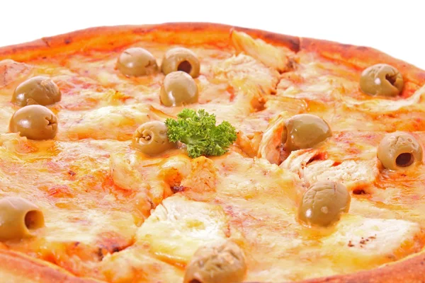 Tasty pizza with green olives closeup — Stock Photo, Image