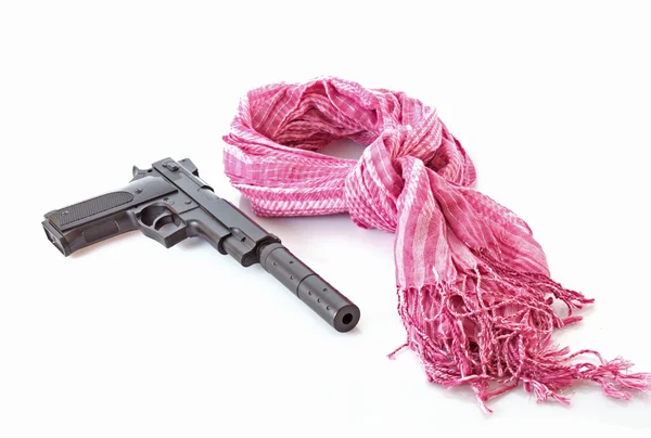 Gun and facemask on white — Stock Photo, Image