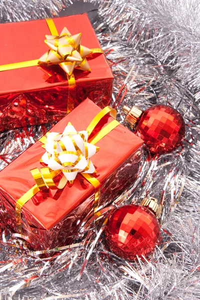 Christmas decoration among silver glittering background — Stock Photo, Image