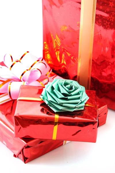 Several present boxes on white — Stock Photo, Image