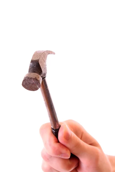 Pequeño martillo en la mano sobre blanco — Foto de Stock