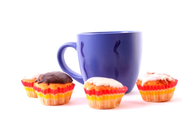 Coffee with milk color cup with cakes on white background — Stock Photo, Image