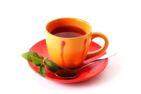 Kop van groene thee op de schotel met munt — Stockfoto