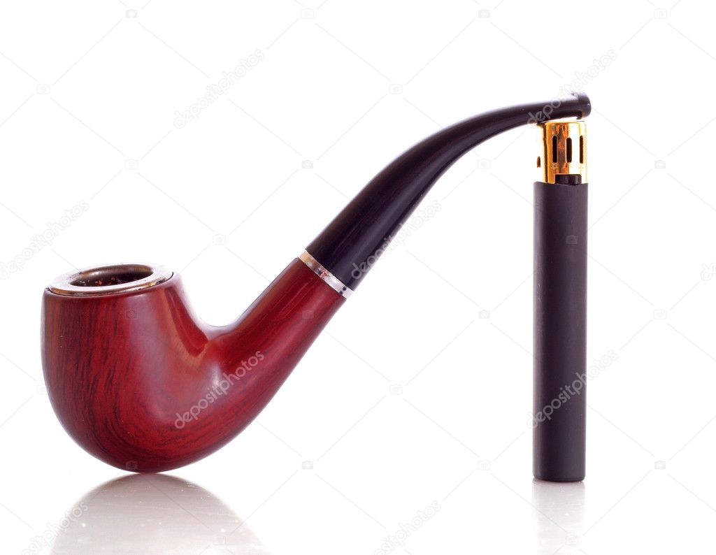 Pipe and lighter on white background