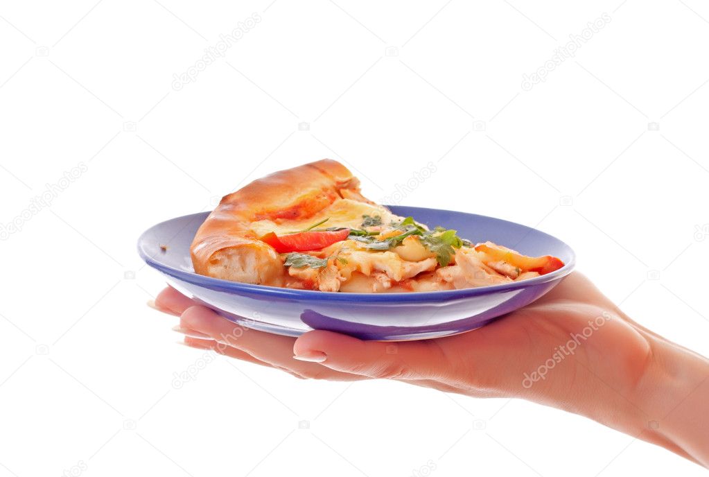 Tasty pizza and hand on white