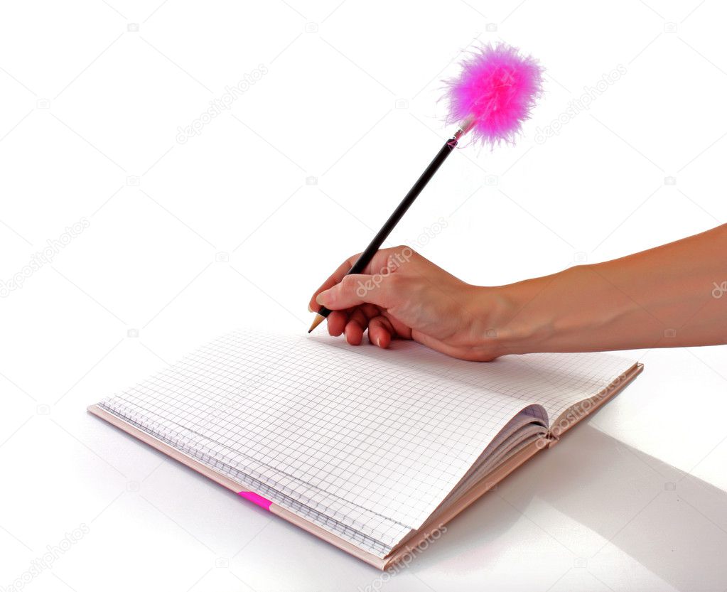 Pink notebook and a fluffy pen