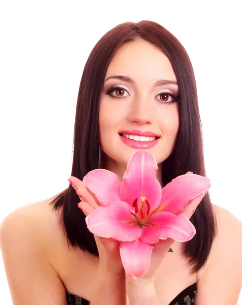 Gyönyörű fiatal nő liliom virág — Stock Fotó