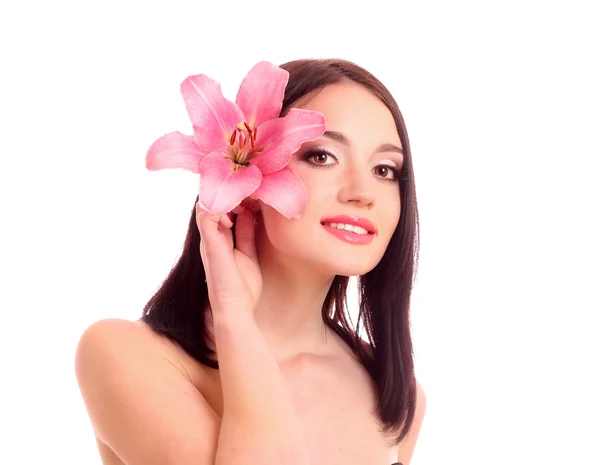 Όμορφη νεαρή γυναίκα με κρίνο λουλούδι — Φωτογραφία Αρχείου