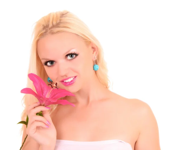 Beautiful young woman with pink lily flower. Isolated on white b — Stock Photo, Image