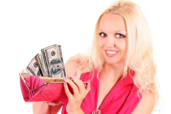 Close-up retrato de um sorrindo jovem bela mulher mostrando dinheiro — Fotografia de Stock