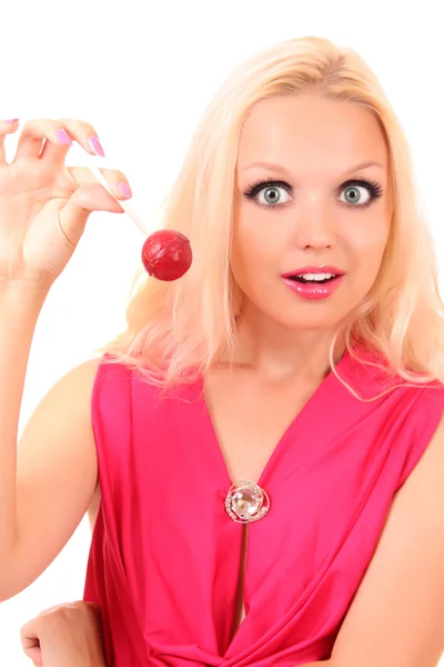 Vrouw likken zoete suiker snoep close-up. geïsoleerd op wit. — Stockfoto