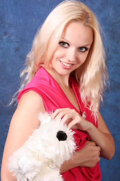 Hermosa chica rubia en vestido rosa con perro pequeño en azul —  Fotos de Stock