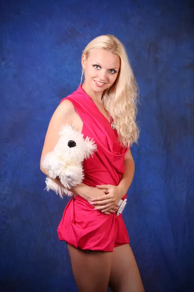 Όμορφη ξανθιά κοπέλα με ροζ φόρεμα με μικρό σκυλί του μπλε — Φωτογραφία Αρχείου
