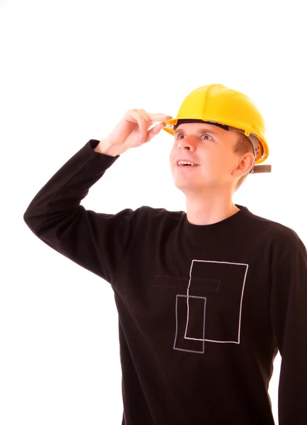 Jóvenes guapos en un casco de edificio amarillo aislado en whi —  Fotos de Stock