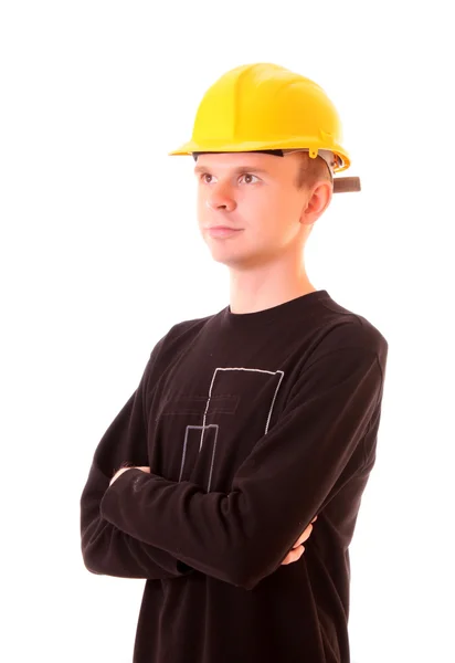Jóvenes guapos en un casco de edificio amarillo aislado en whi — Foto de Stock
