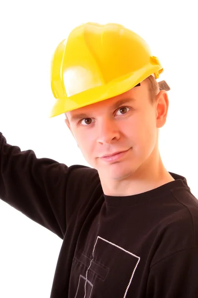 Bei giovani in un casco giallo edificio isolato su whi — Foto Stock