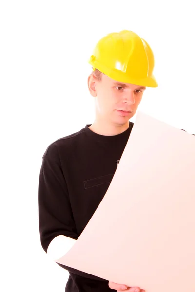 Handsome young men in a yellow building helmet isolated on whi — Stock Photo, Image
