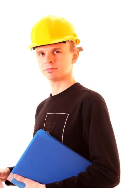 Handsome young men in a yellow building helmet isolated on white — Stock Photo, Image