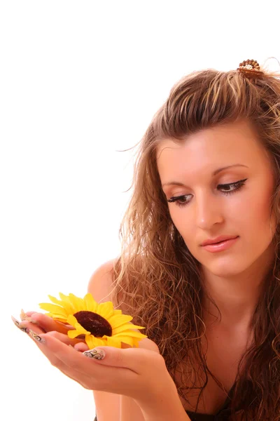 Happy woman with sunflower in hair isolated on white — Stock Photo, Image