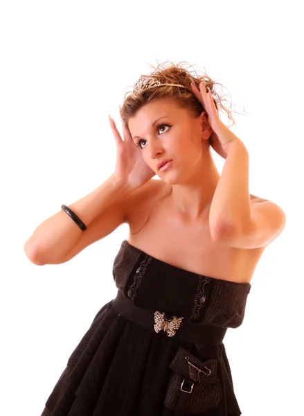 Portrait of beautiful girl in black dress and with a diadem, is — Stock Photo, Image