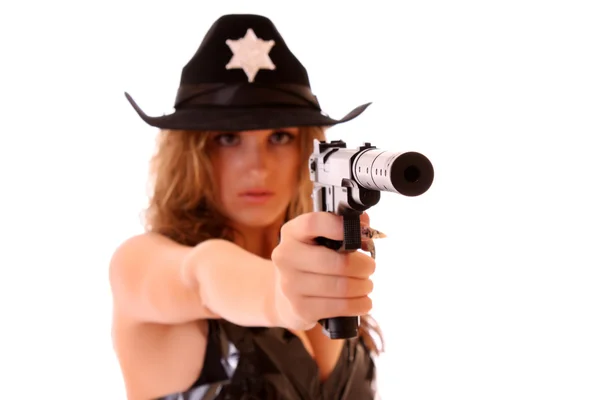 Hermosa mujer sheriff sobre fondo blanco —  Fotos de Stock