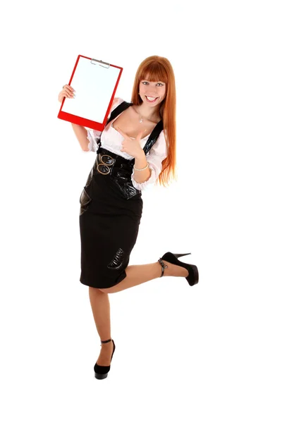 ビジネス女性表示空ボード上に分離されてテキストの笑みを浮かべてください。 — ストック写真