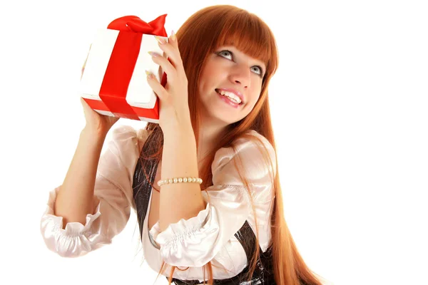 Smiling business woman with gift box isolated on white backgroun — Stock Photo, Image