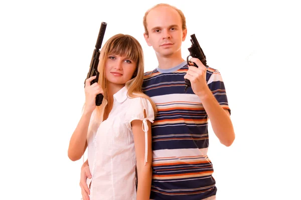 Woman and man with guns over white — Stock Photo, Image