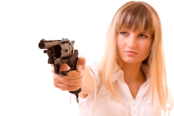Sexy Woman Holding Gun over white — Stock Photo, Image