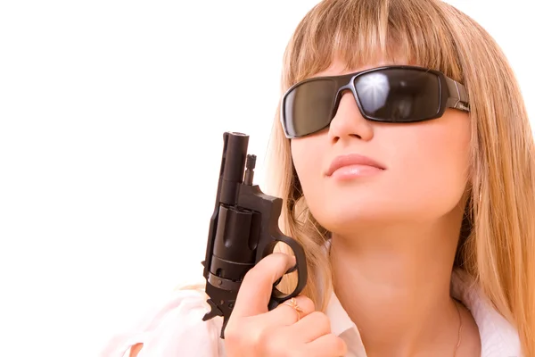 Sexy mulher segurando arma sobre branco — Fotografia de Stock